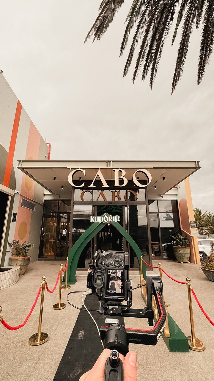 Gimbal rig set up at a branded launch entrance